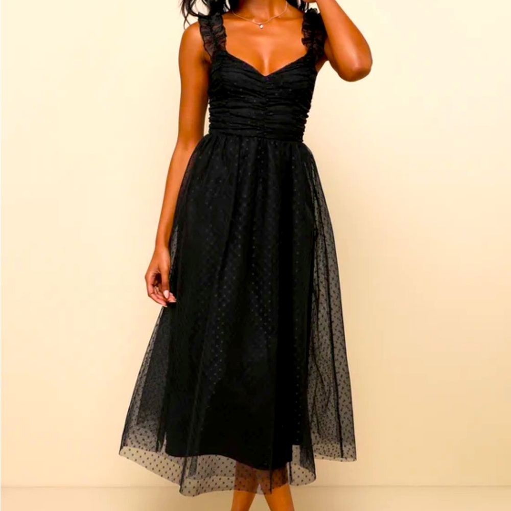 COPY - Black Swiss Dot Ruched Tulle Midi Dress
